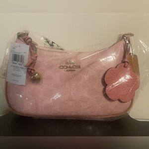 Coach Petal Pink Teri Shoulder Bag with Floral Charm and Gold Chain